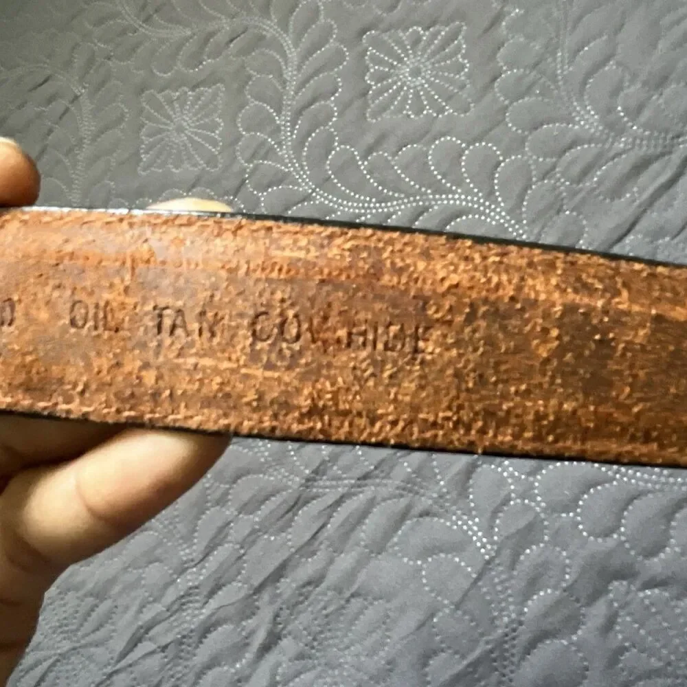 John Henry Full Grain Oil Tan Cowhide Leather Belt SZ38 Brown Woven w/Brass Buck